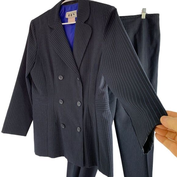 80s DBY ltd Womens VTG Navy Pin Stripe Pant Suit Sz 13/14 Double Breast 6275 - Picture 1 of 8